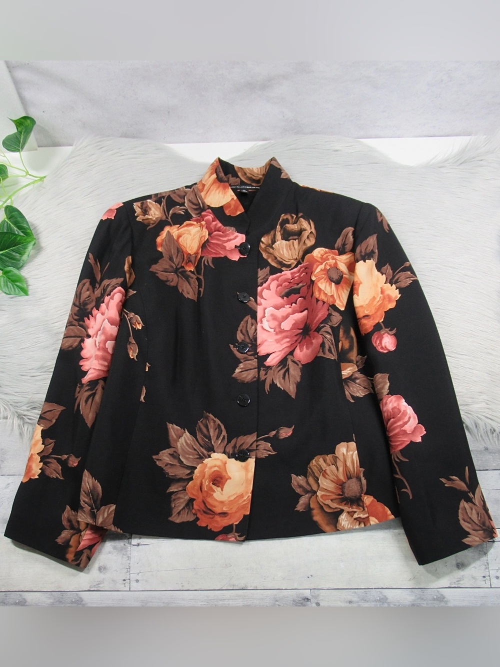 LINDA ALLARD ELLEN TRACY Black Floral Button-Front Blazer - Woman's Plus Size 24